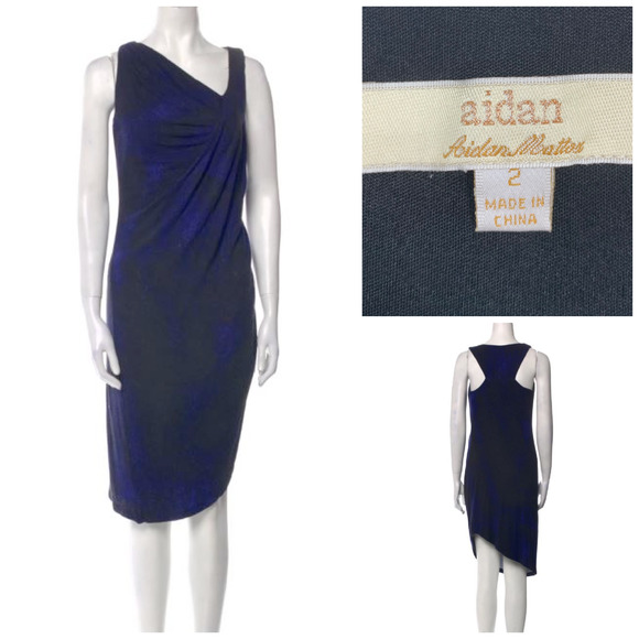 Aidan Mattox Sz 2 Blue Black Abstract Print Draped Neck Dress Asymmetric Hemline - Picture 1 of 9